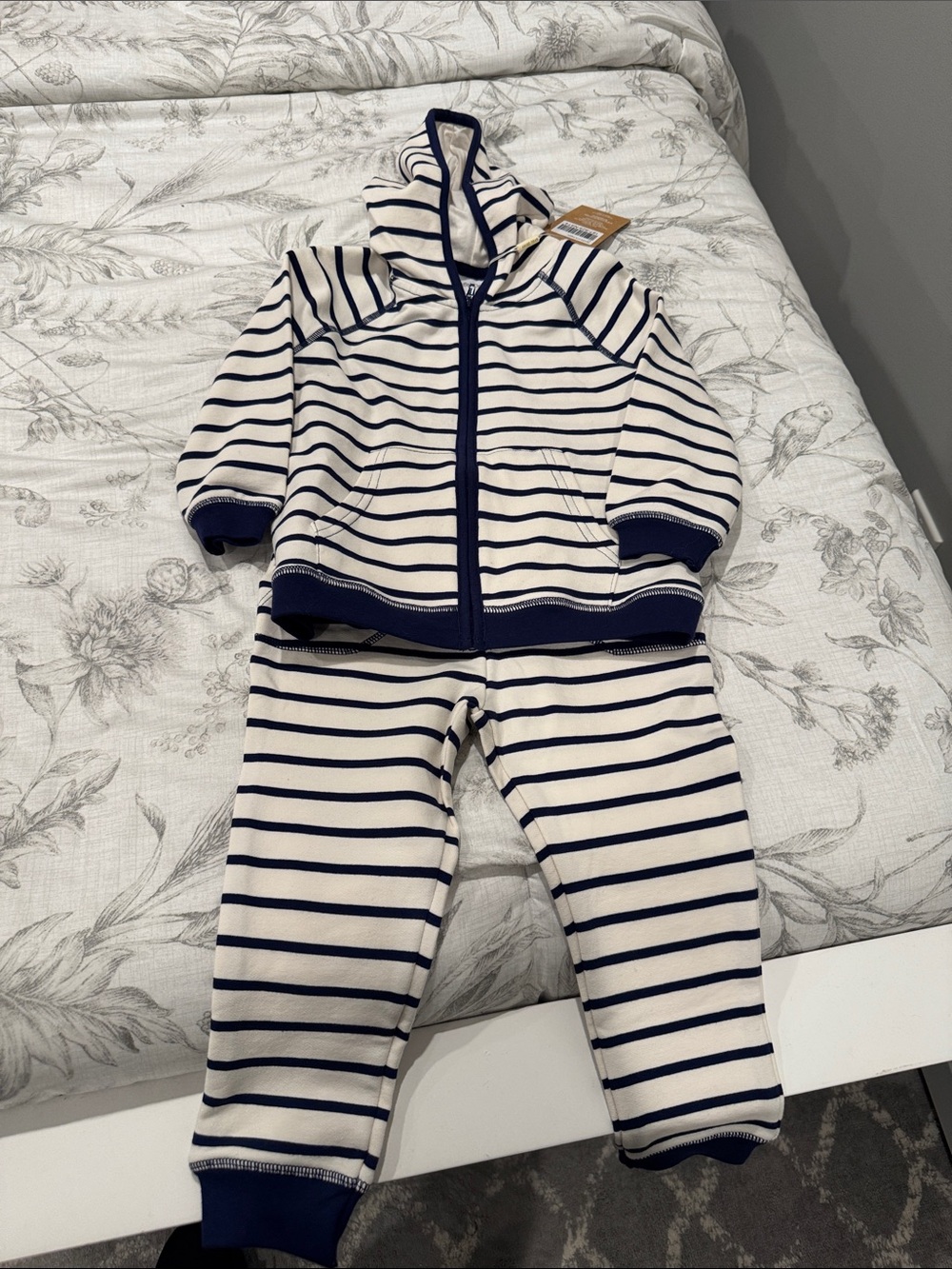 Angel Dear Navy and Cream Striped Baby Hoodie & Pants Set